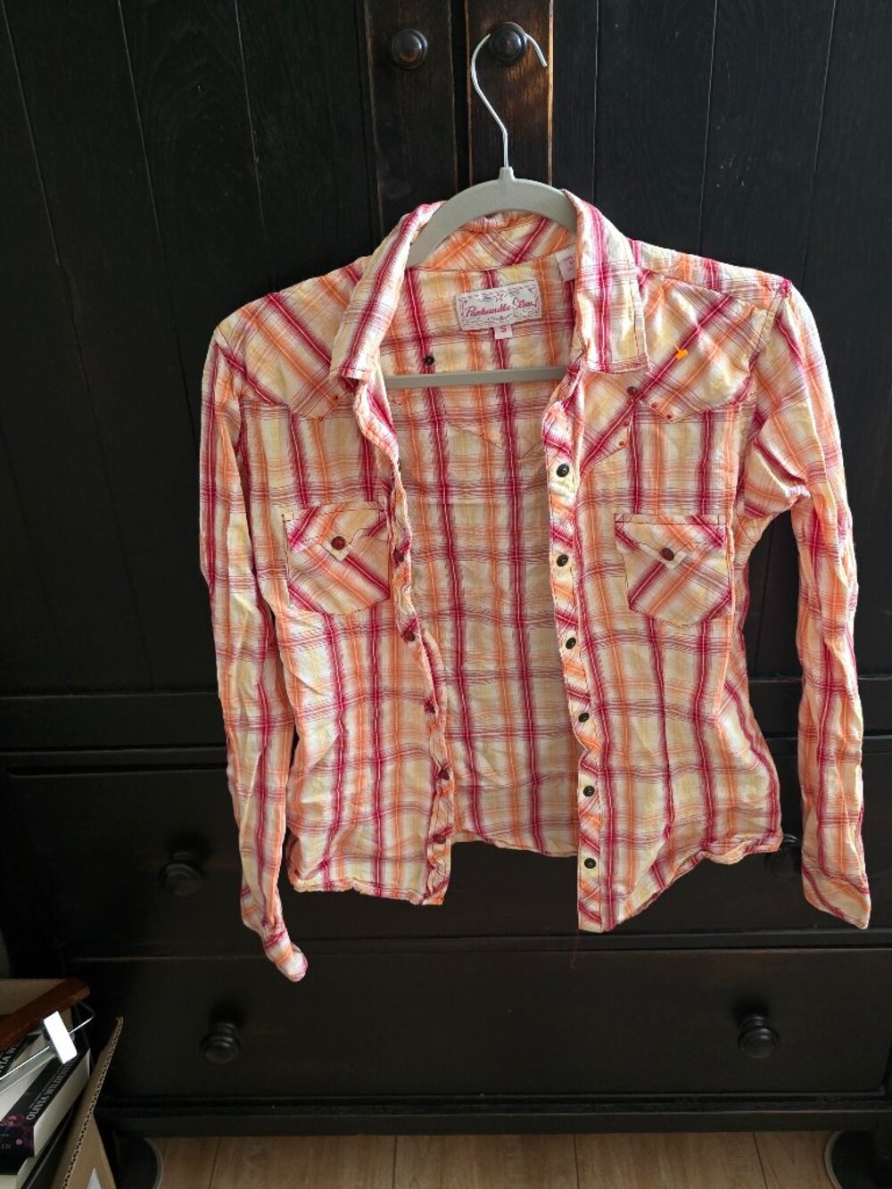 Womens Panhandle Slim Western Pearl Snap Shirt Fray Stud Details Red Silver S
